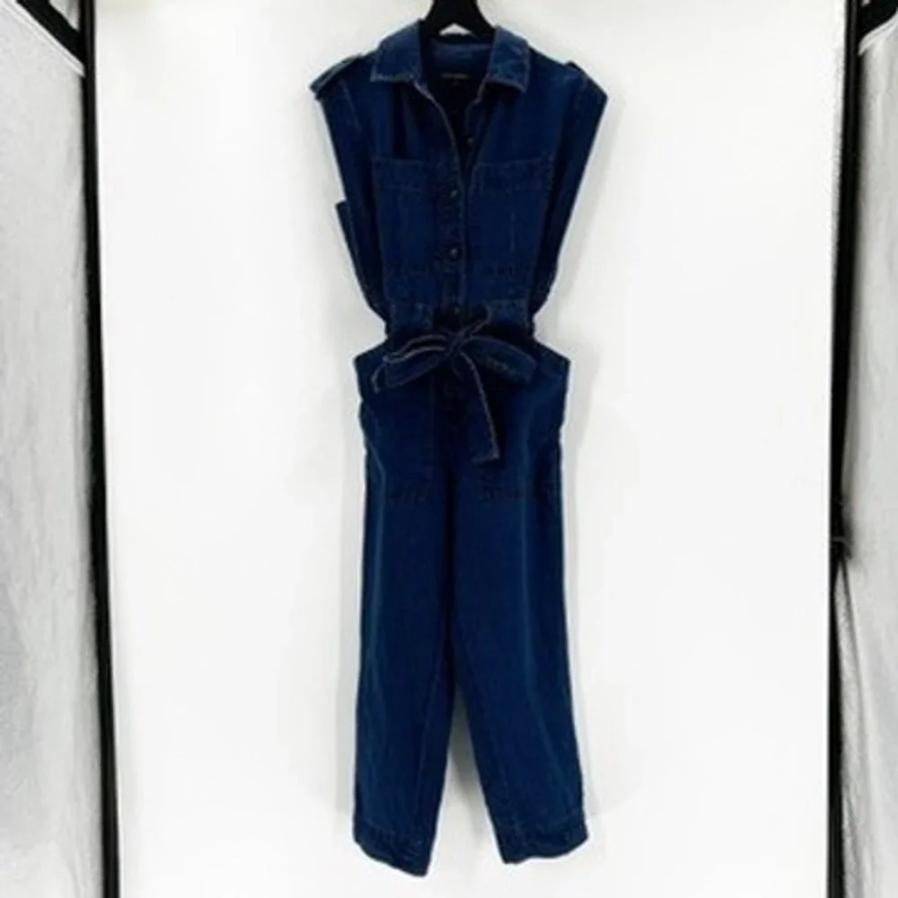Banana Republic Sleeveless Denim Utility‎ Jumpsuit Tie Waist XS Blue